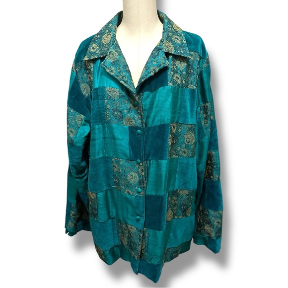 156 Norm Thompson |NWOT India Patchwork Jacket Teal Boho Vintage Style (size XL) - Picture 4 of 13